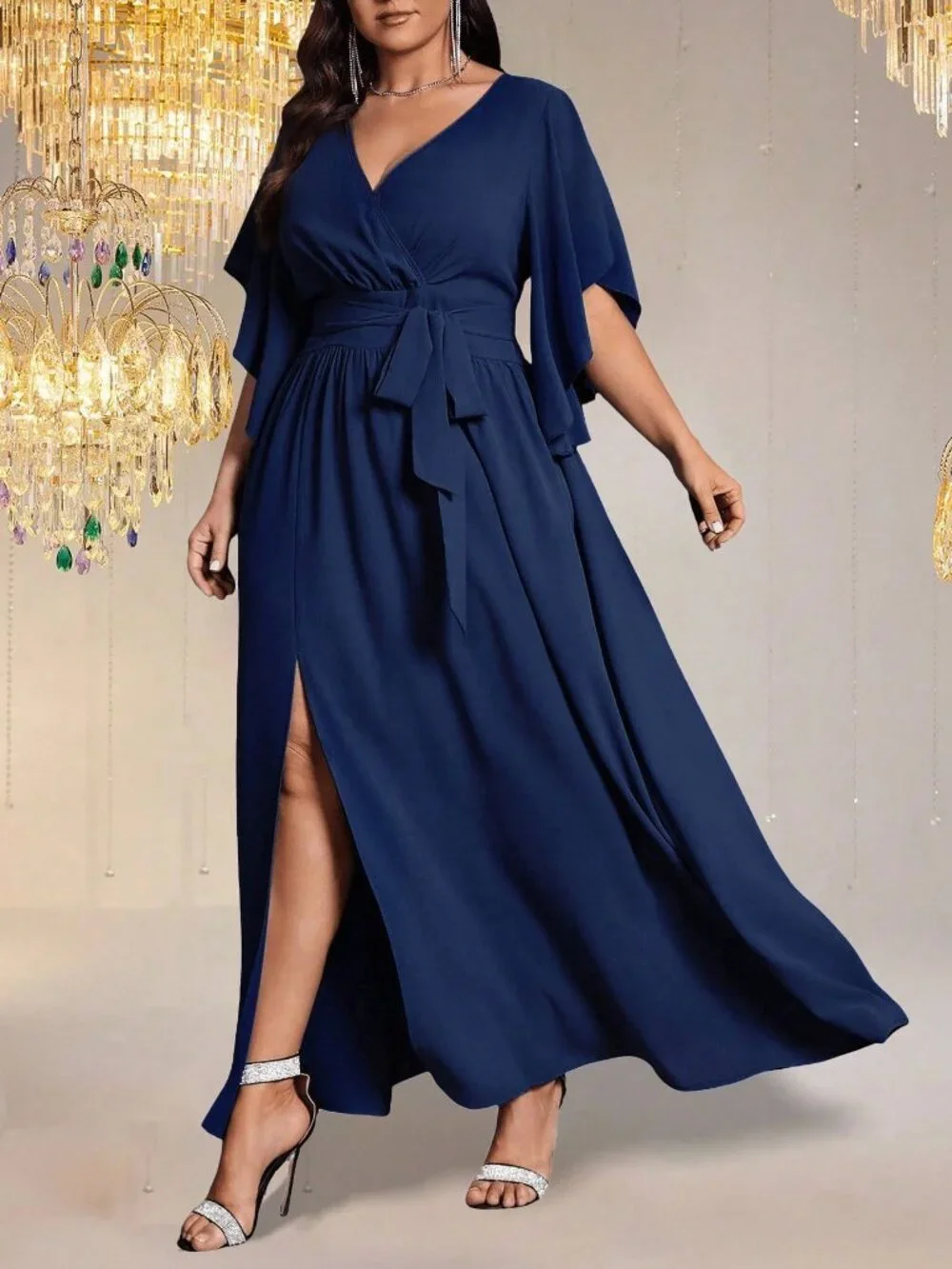 Navy Blue Elegant Women's Fitted V-Neck Flare Sleeve Maxi Dress